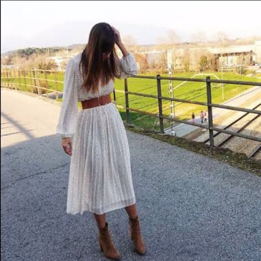 ZARA Polka Dot Belt Dress High Collar Xsmall
